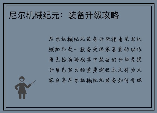 尼尔机械纪元：装备升级攻略